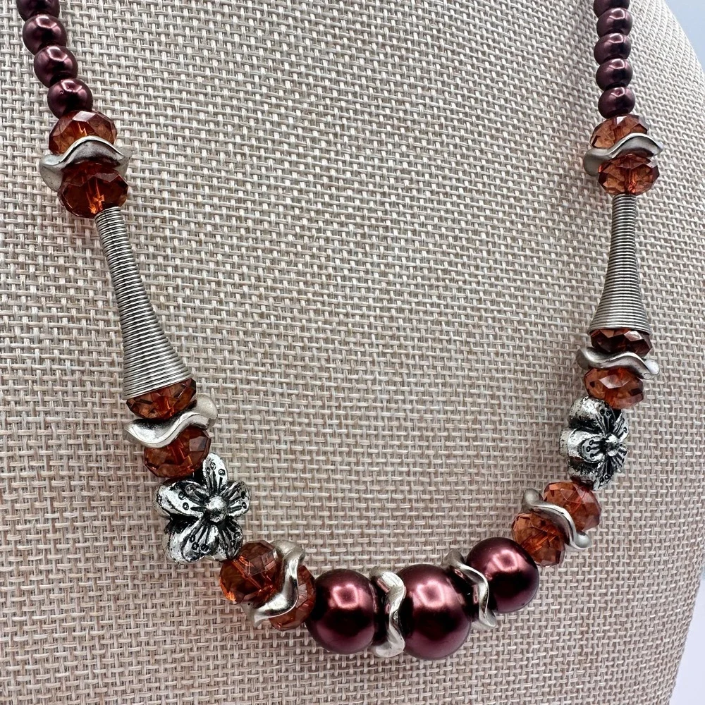 Vintage 90s Silver Tone Faux Pearl Beaded Necklace Boho Women's Classic Jewelry